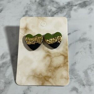 Handcrafted Green, Black, and Gold Heart Earrings with Rubber Backs.